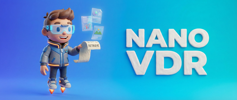 NanoVDR banner: a small figure in a jacket holding a retrieved page beside floating document thumbnails